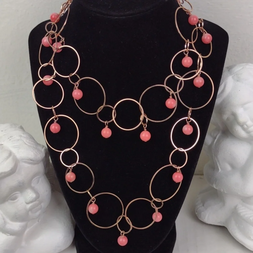 Dainty Gold Ring Chain Link Hoop & Coral Peachy Beads Necklace